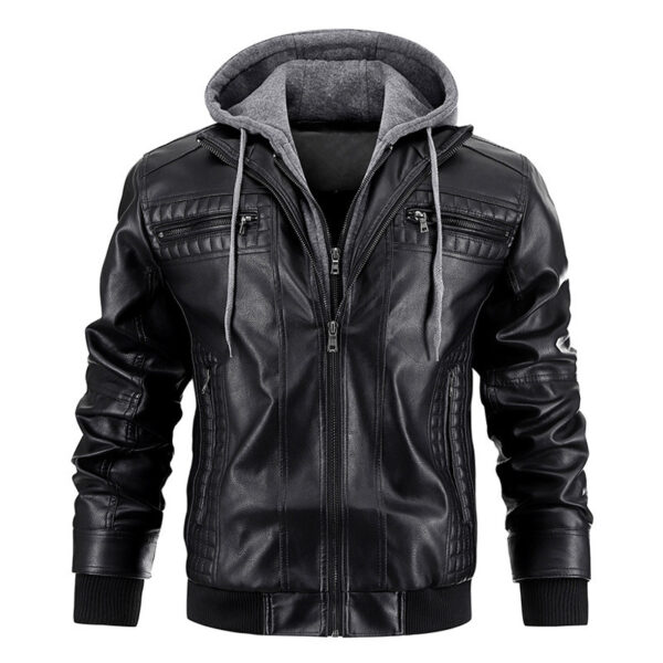 Hooded Jacket With Zipper Pockets Fashion Warm Pu Leather Coat Mens Clothing - Image 3