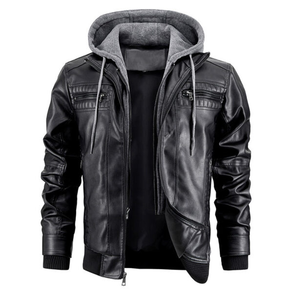 Hooded Jacket With Zipper Pockets Fashion Warm Pu Leather Coat Mens Clothing - Image 4