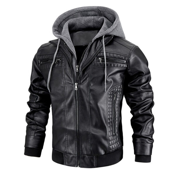 Hooded Jacket With Zipper Pockets Fashion Warm Pu Leather Coat Mens Clothing - Image 2