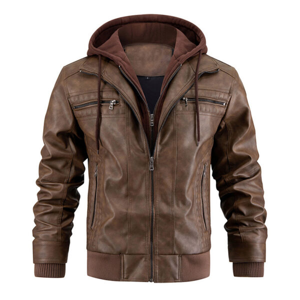 Hooded Jacket With Zipper Pockets Fashion Warm Pu Leather Coat Mens Clothing - Image 5